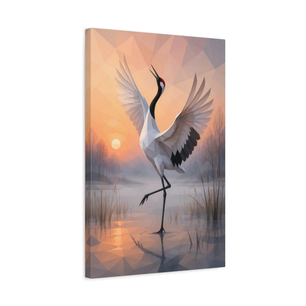 Side Mockup 3. Dancing Crane Animal shown as canvas print