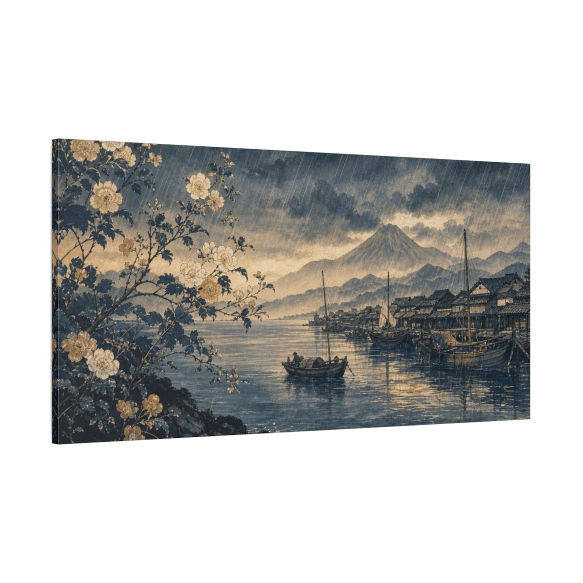 Delicate Botanical Ink Painting Hokusai-Inspired Rain Canvas Print Wall Art – Living Room Decor, Above Fireplace - YesArtYes