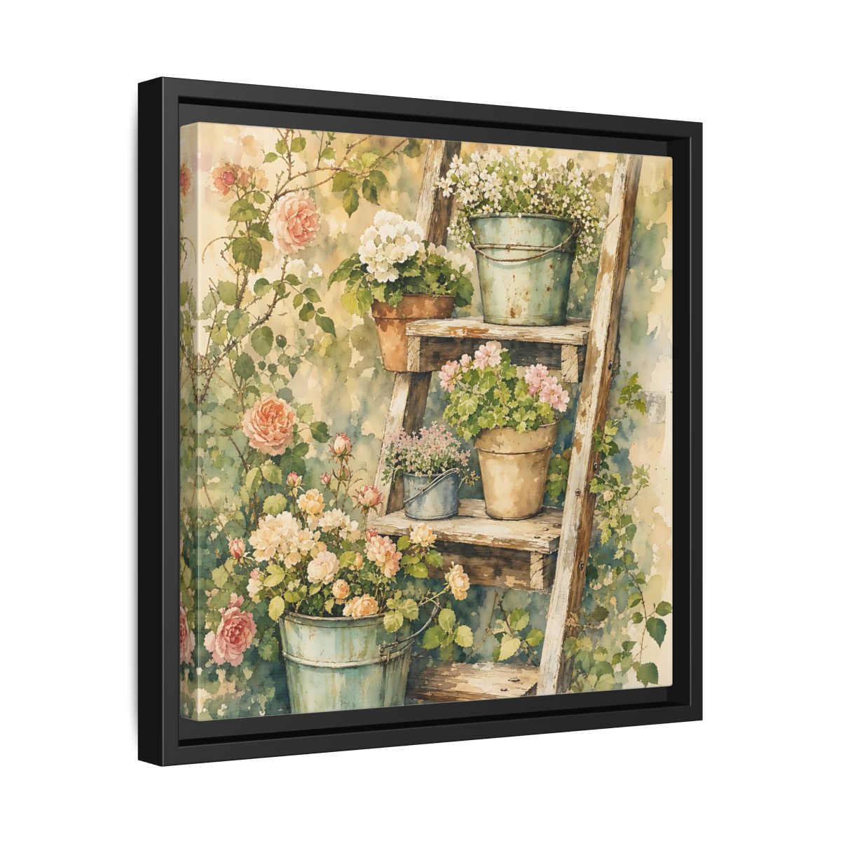 Side Mockup 32. Delicate Watercolor Painting Old Ladder Holding Small Planters shown as stretched canvas wall art