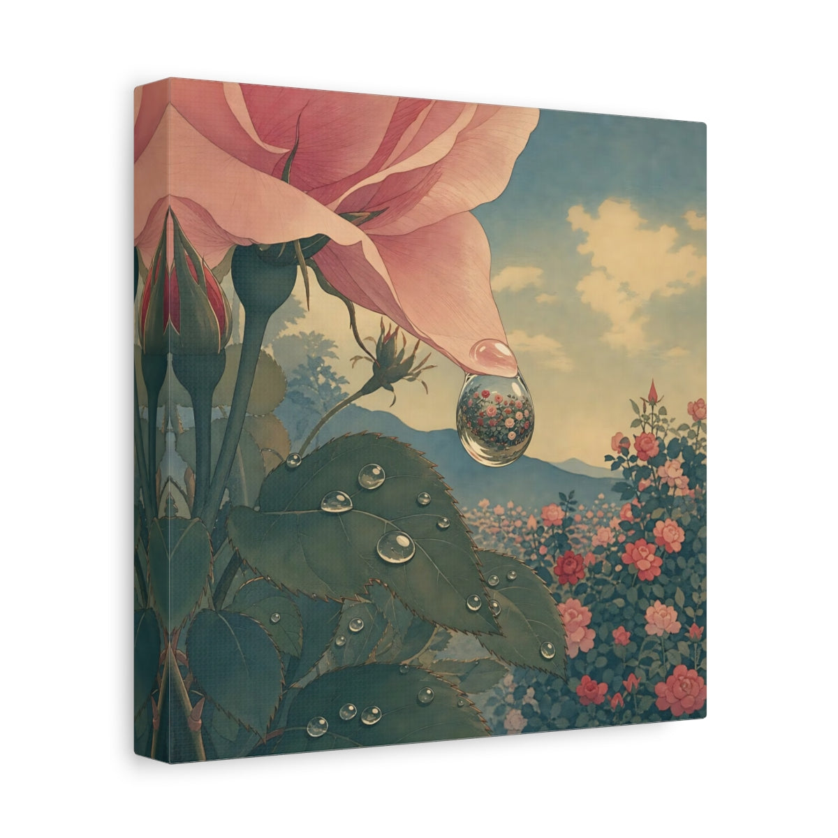 Side Mockup 9. Dew Drop Rose Reflection shown as canvas print