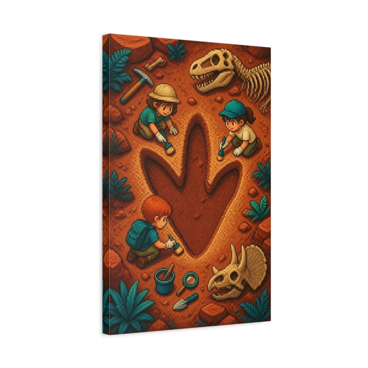 Side Mockup 3. Dinosaur Footprint Dig shown as canvas print