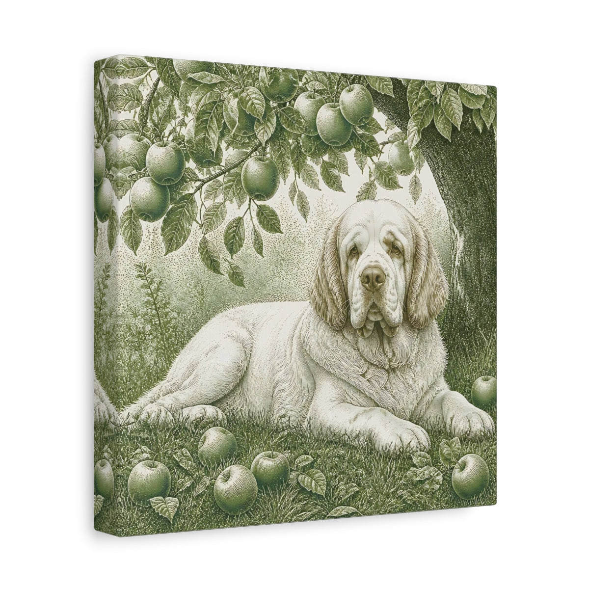 Side Mockup 9. Dog Beneath Apple Tree shown as canvas print