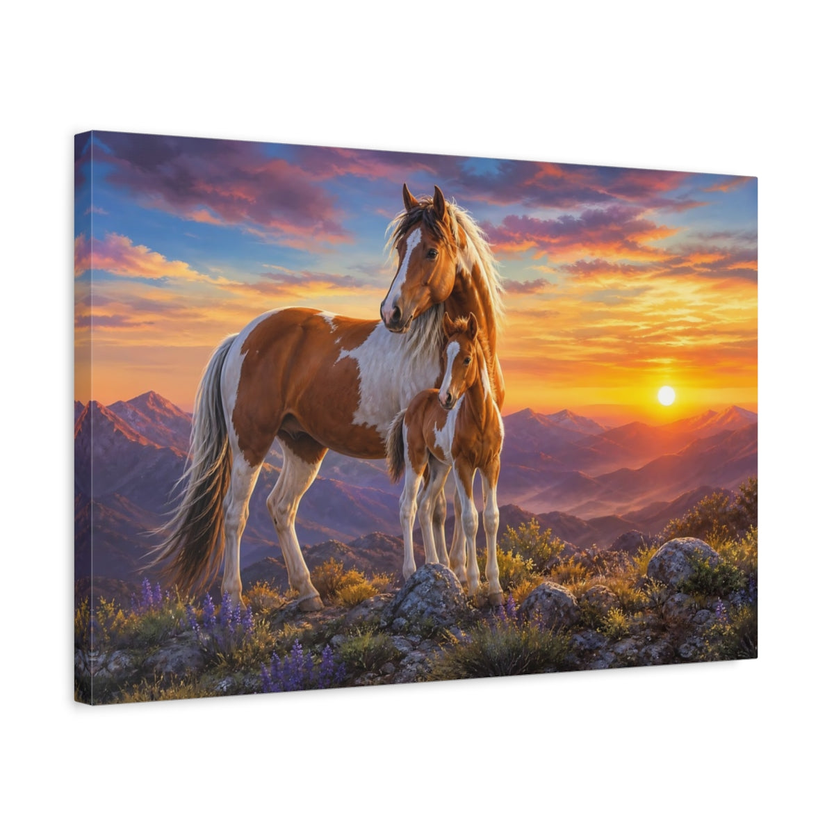 Side Mockup 3. Dramatic Wildlife Realism Mustang On Rocky Dawn Ridge shown as stretched canvas wall art