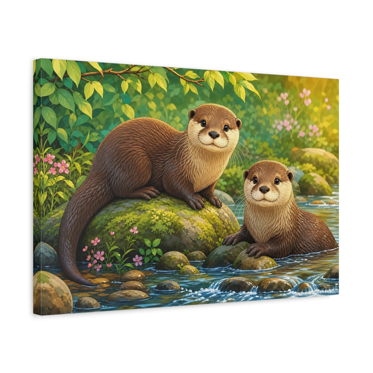 Side Mockup 3. Dramatic Wildlife Realism Otter Pair Beside Mossy Stones shown as stretched canvas wall art