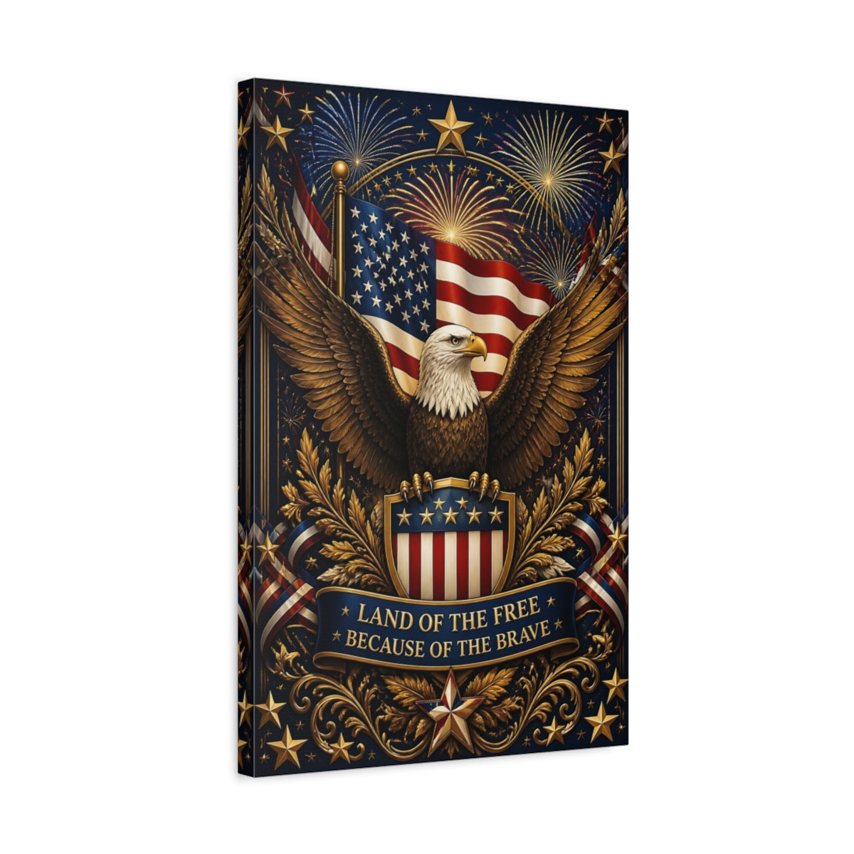 Side Mockup 3. Eagle And American Flag Shield shown as canvas print