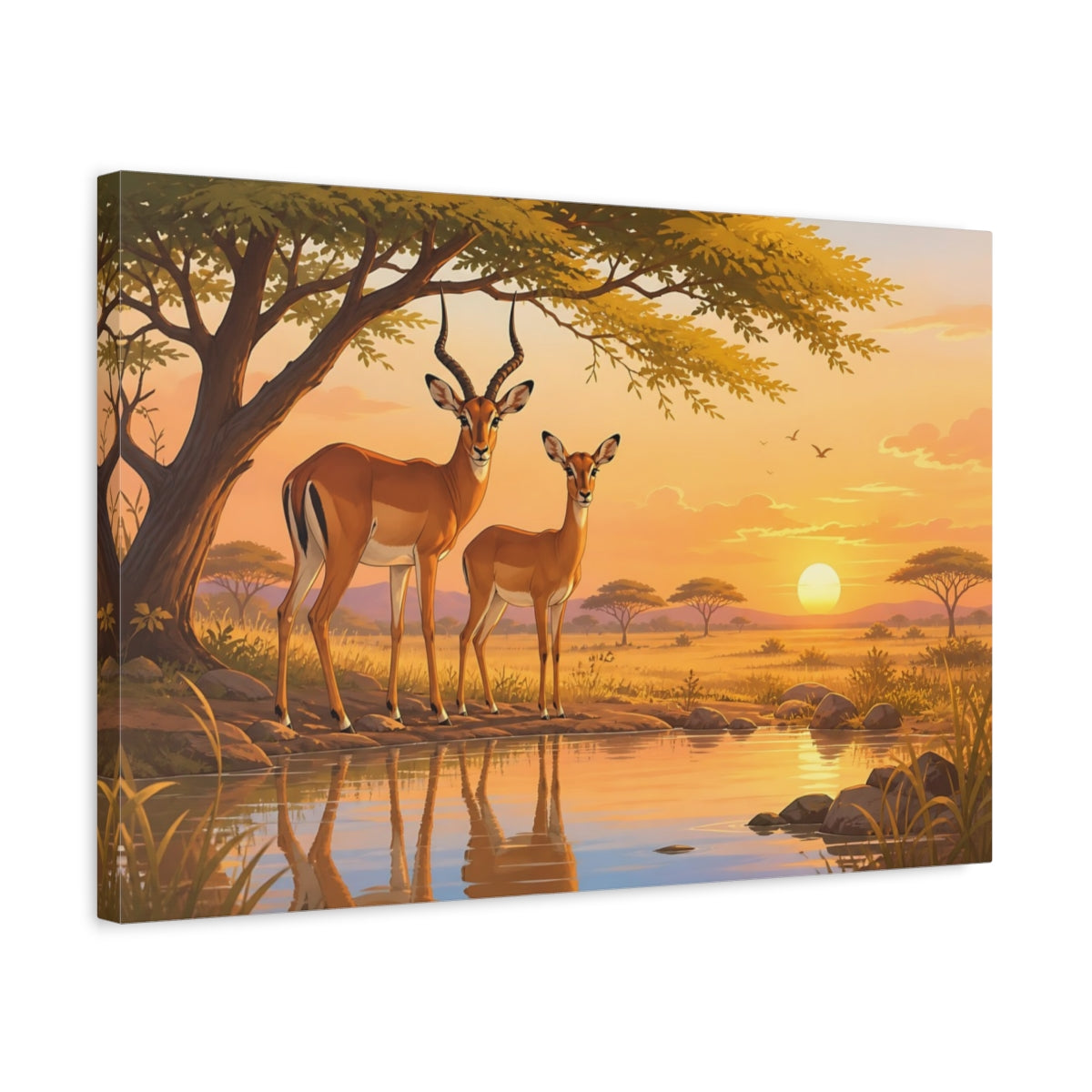Side Mockup 3. Earthy Organic Realism Impala Pair Near Acacia Shade shown as stretched canvas wall art