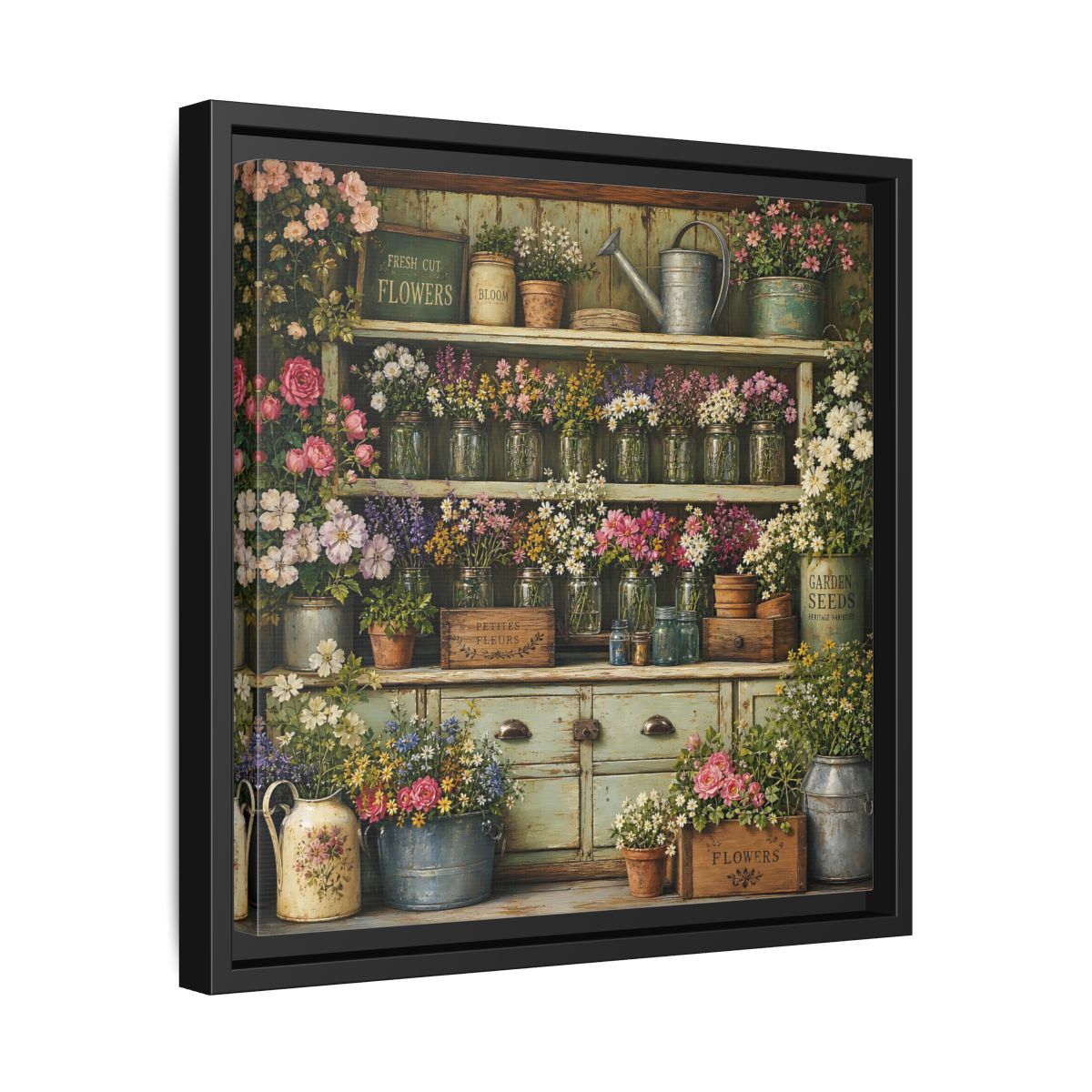 Side Mockup 32. Earthy Organic Realism Old Potting Shed With Flower Jars shown as stretched canvas wall art