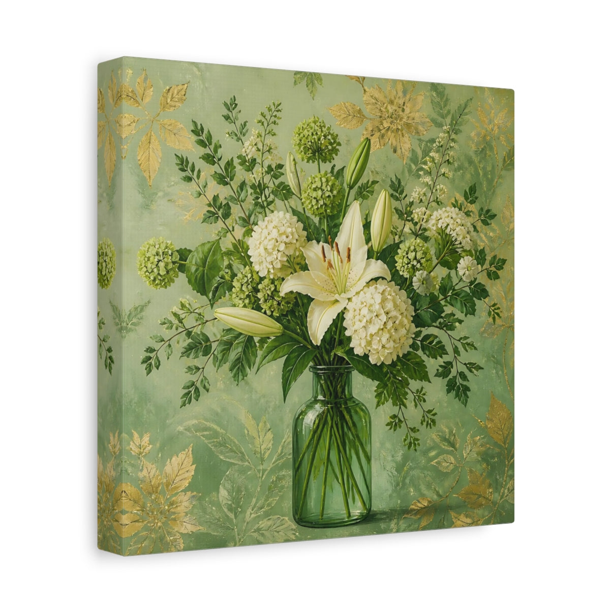Side Mockup 9. Elegant Old-World Painting Fresh Stems In Green Glass Bottle shown as stretched canvas wall art