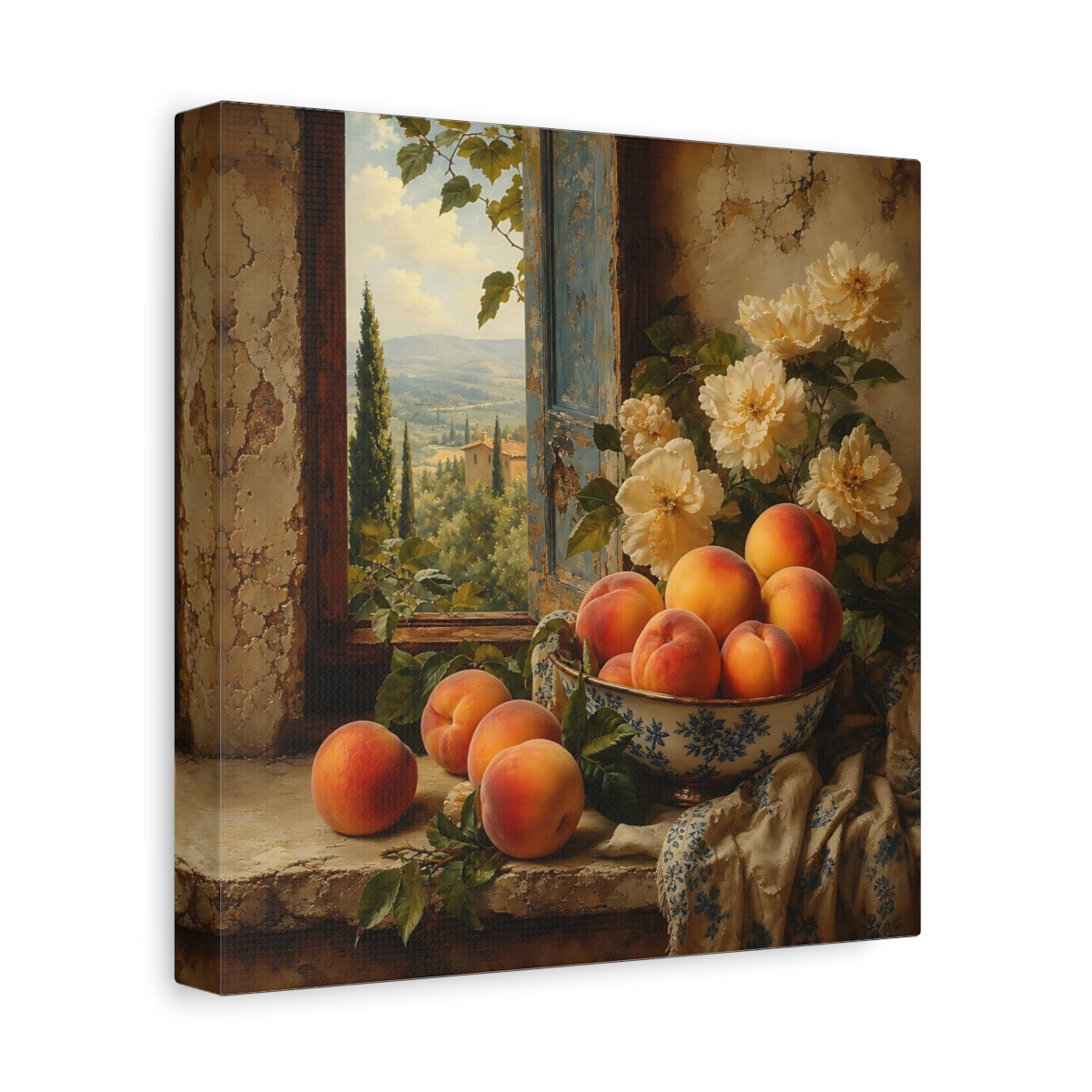 Side Mockup 9. Elegant Old-World Painting Peaches Beside Cream Flowers shown as stretched canvas wall art