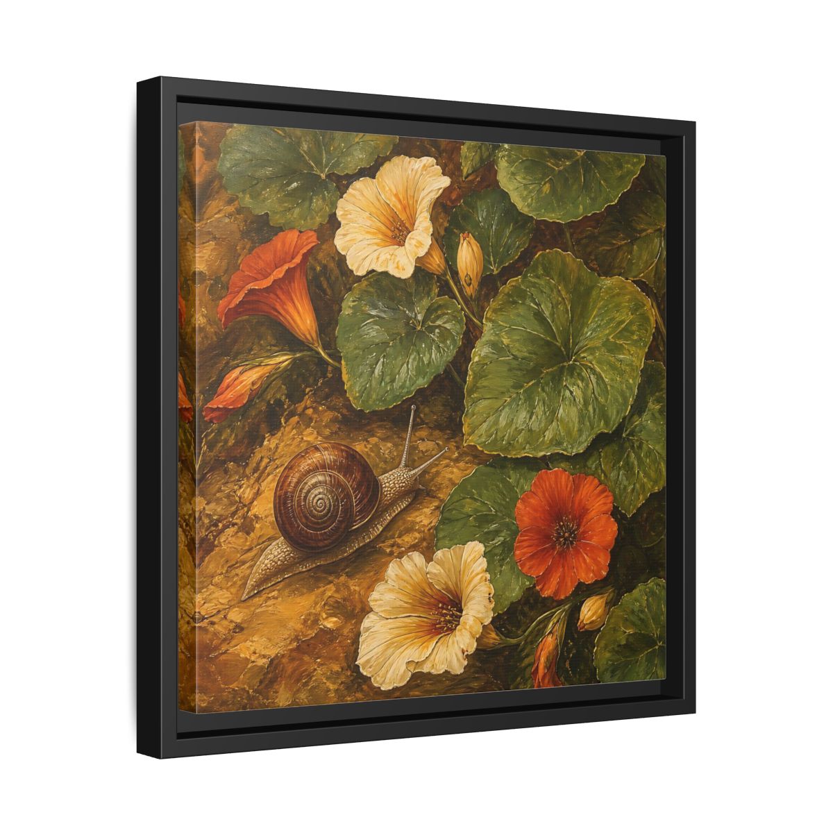Side Mockup 32. Elegant Old-World Painting Snail Beside Garden Leaves shown as stretched canvas wall art