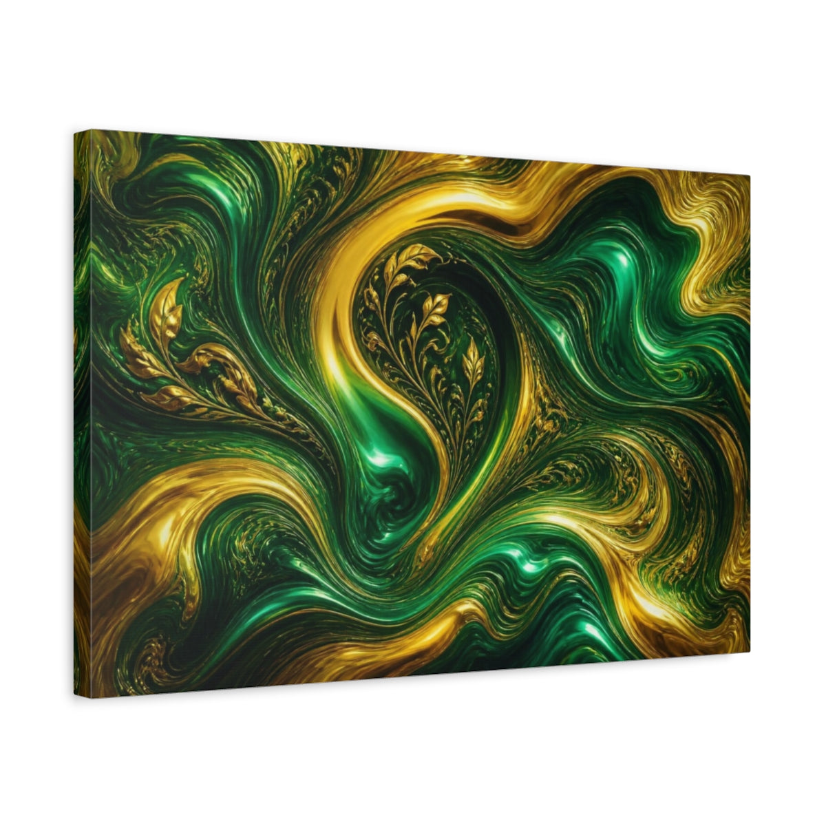 Side Mockup 3. Emerald Gold Currents shown as canvas print