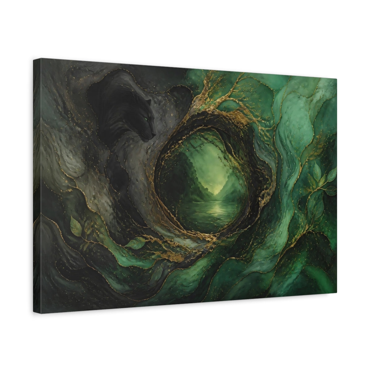 Side Mockup 3. Emerald Panther Portal shown as canvas print
