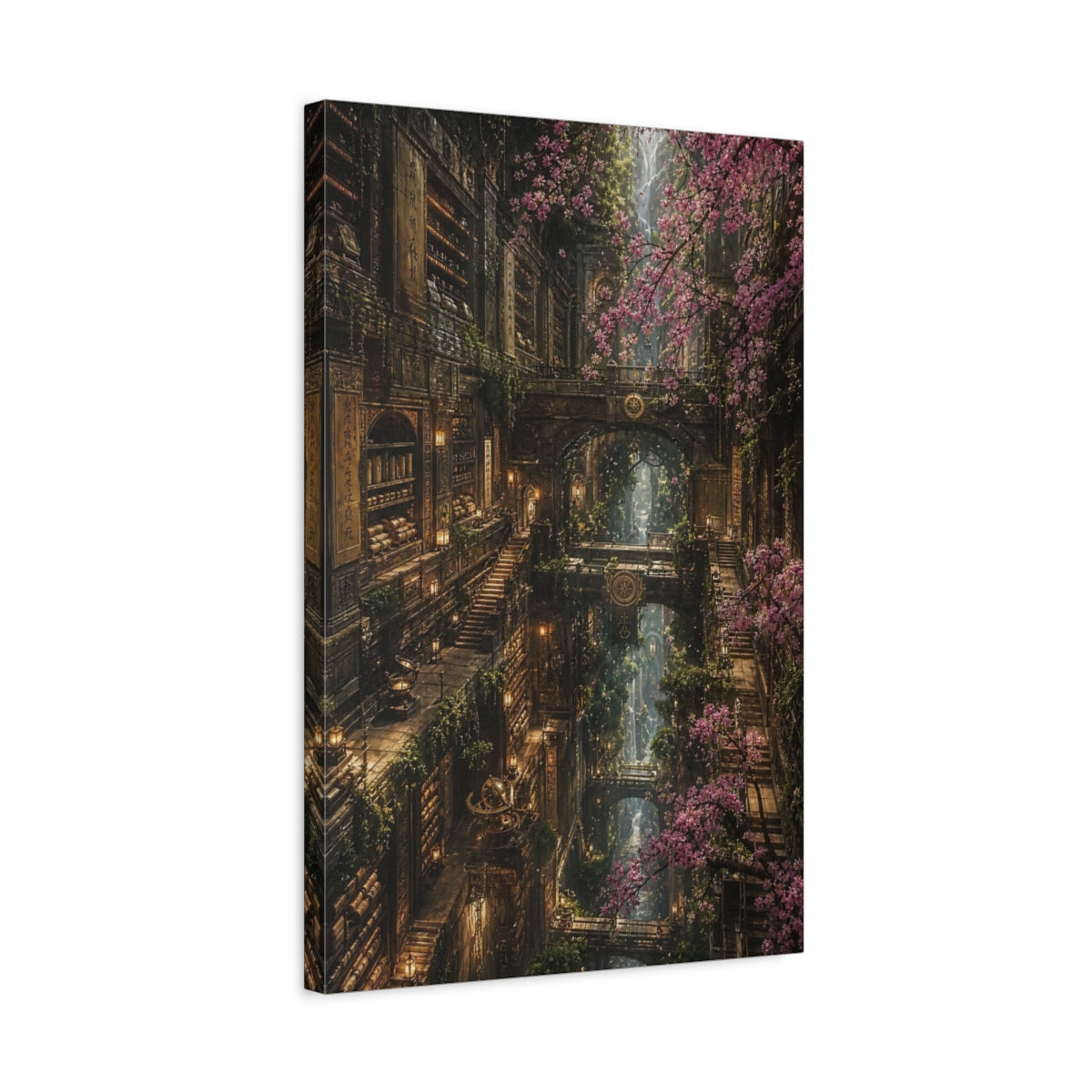 Side Mockup 3. Enchanted Library With Blossoms shown as canvas print