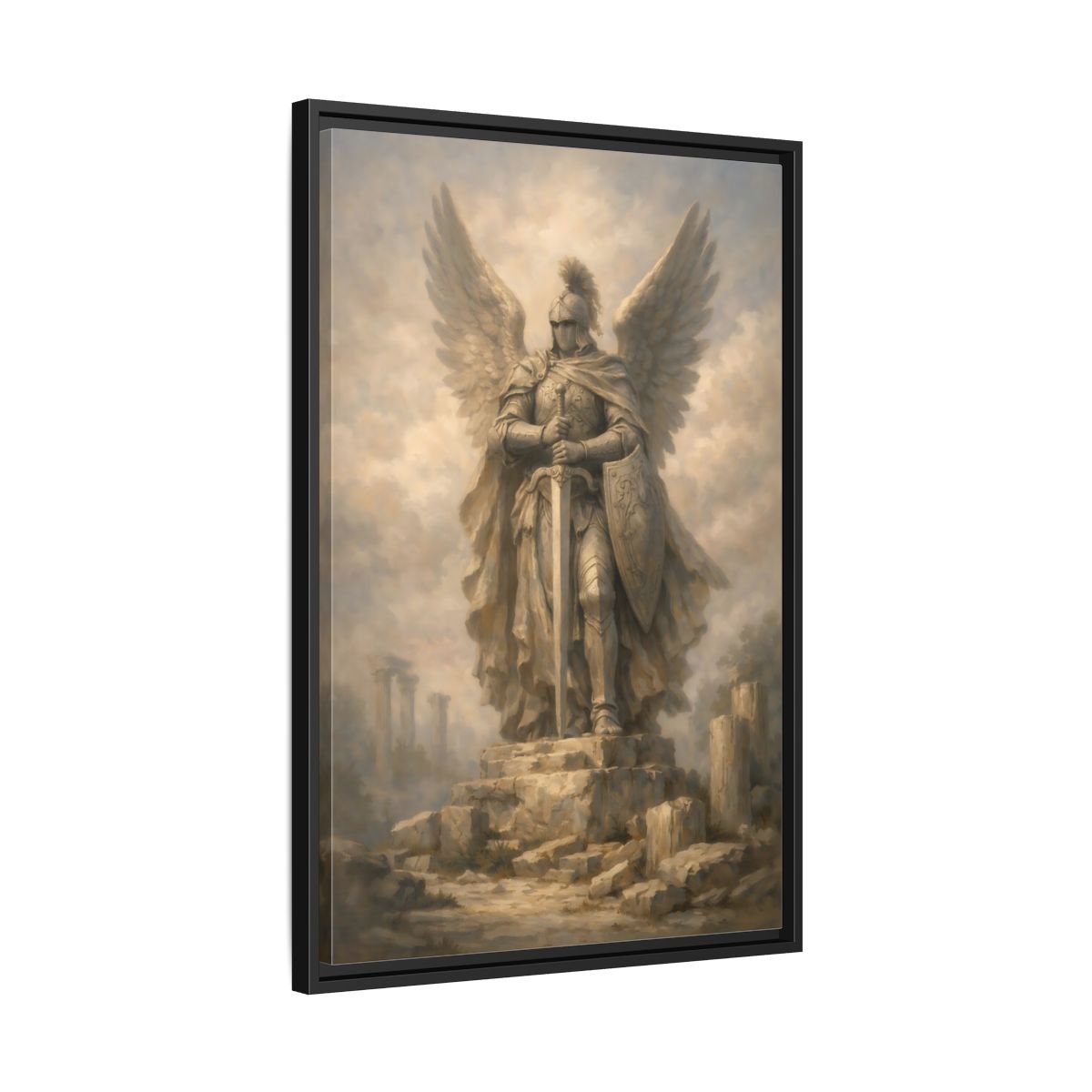 Side Mockup 14. Fairytale Angel Warrior Angel Statue shown as stretched canvas wall art