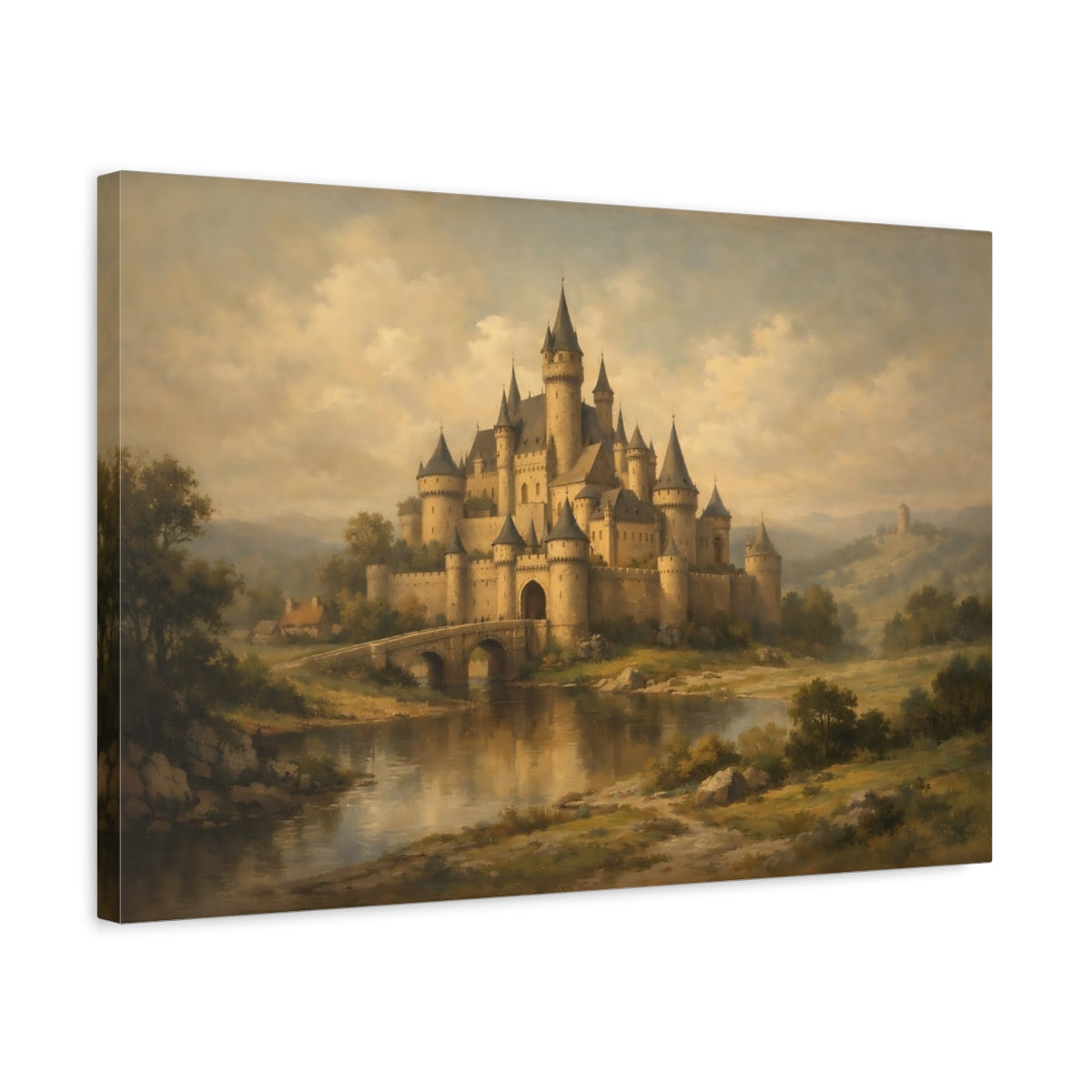 Side Mockup 3. Fairytale Fairytale Castle Brown And Gold Castle shown as stretched canvas wall art
