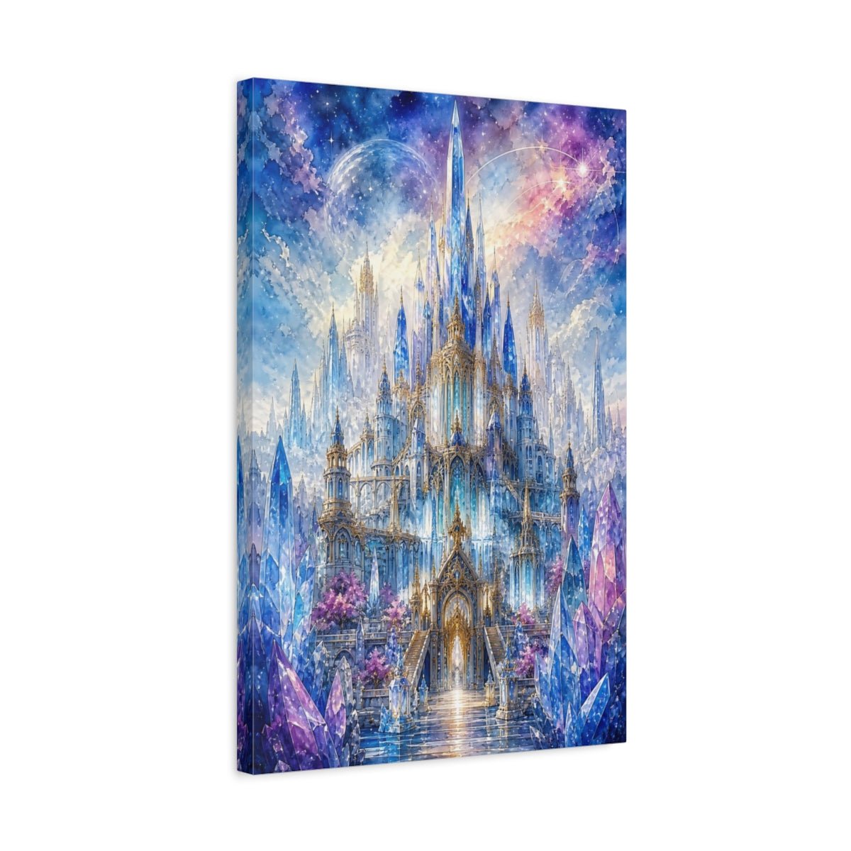 Fairytale Crystal Castle Blue And Purple Canvas Wall Art Print – Fantasy Living Room, Large - YesArtYes