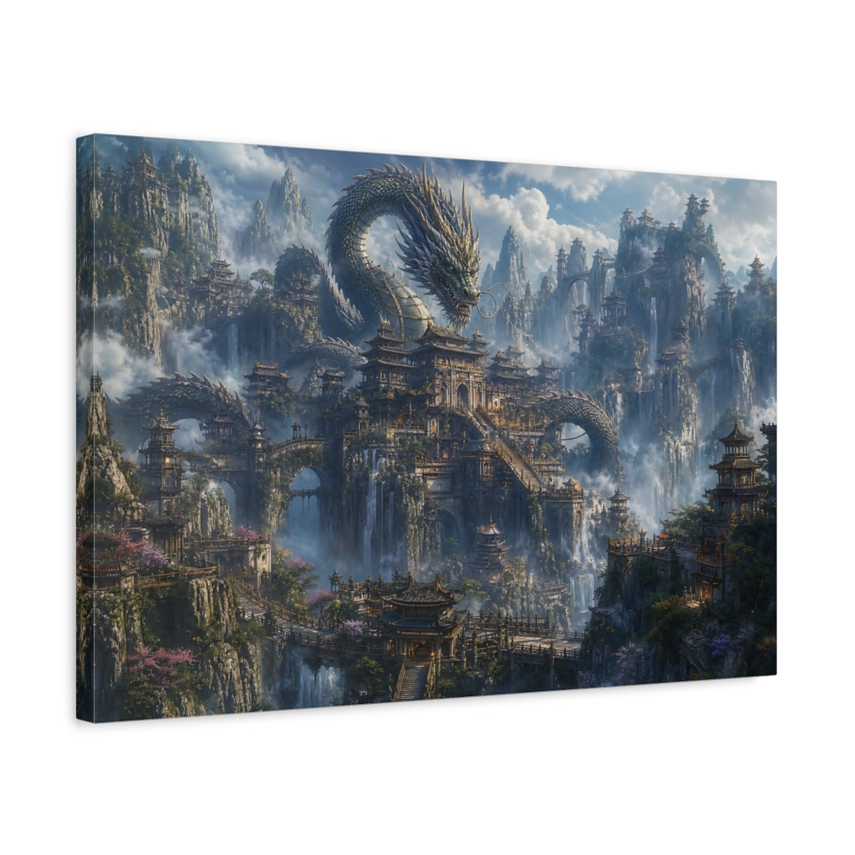 Side Mockup 3. Fairytale Dragon Fantasy Dragon City shown as stretched canvas wall art