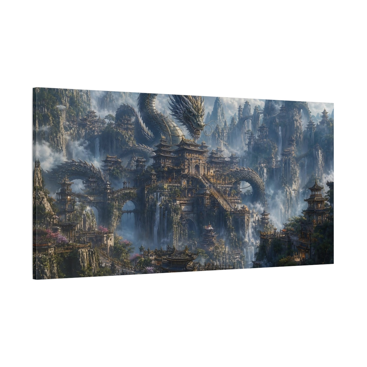 Side Mockup 2. Fairytale Dragon Temple Misty Dragon City shown as stretched canvas wall art