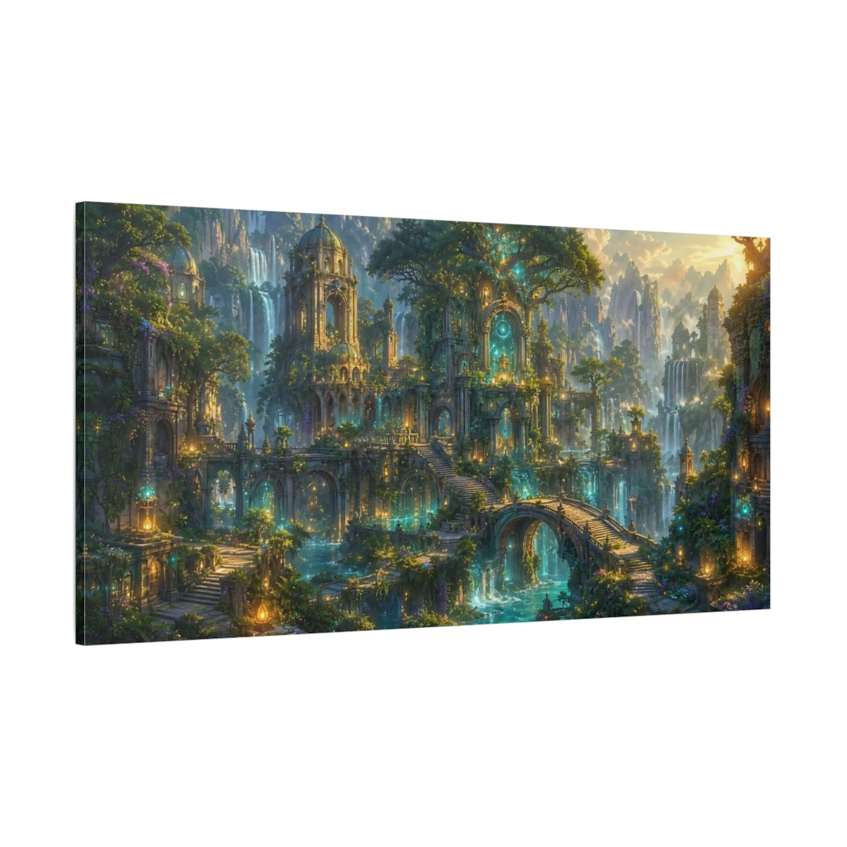 Side Mockup 2. Fairytale Enchanted City Enchanted City shown as stretched canvas wall art