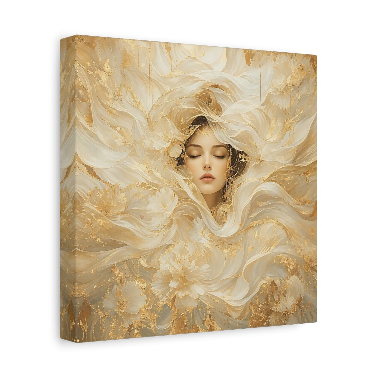 Side Mockup 9. Fairytale Ethereal Woman Golden White Woman shown as stretched canvas wall art