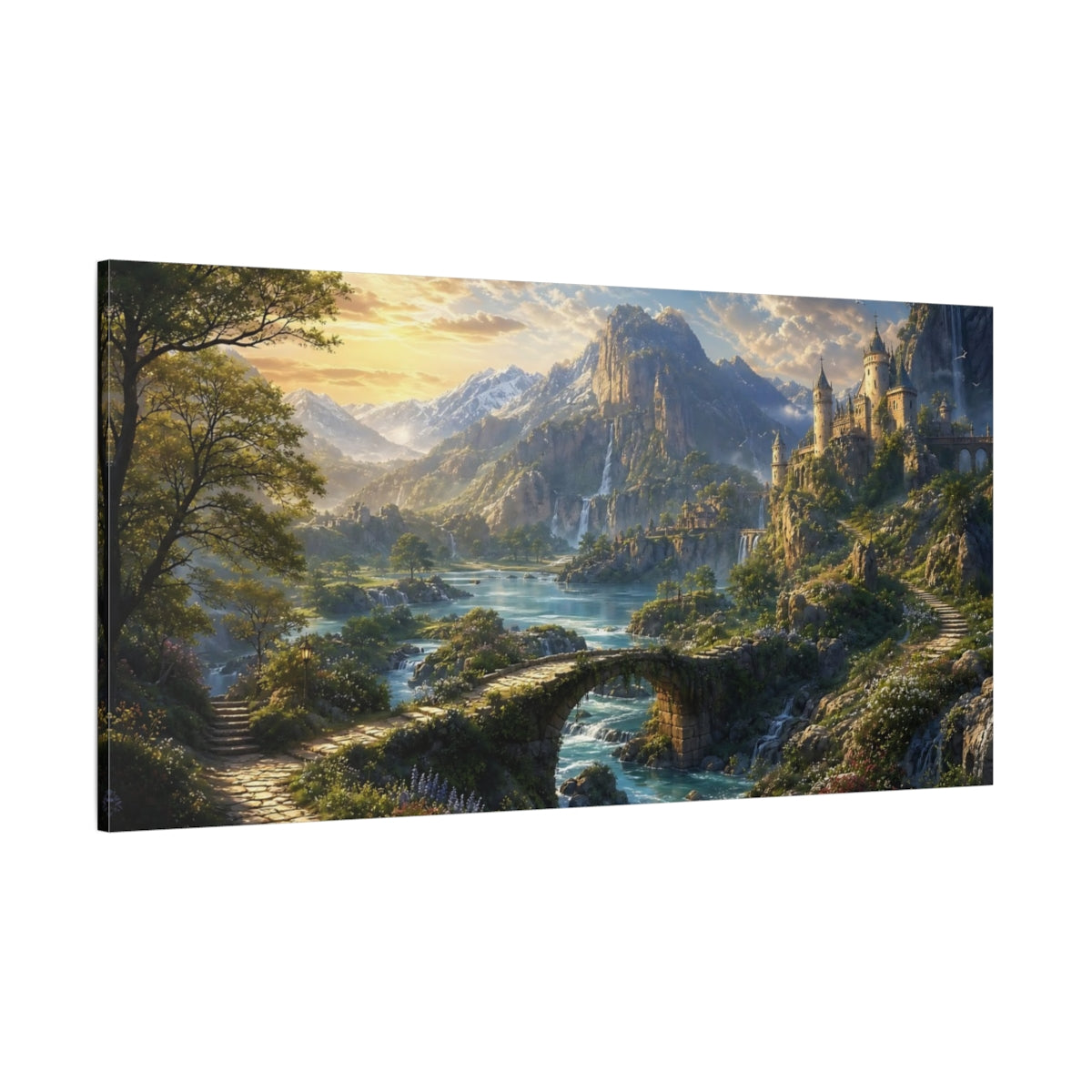 Side Mockup 2. Fairytale Fantasy Castle Green Blue Gold shown as stretched canvas wall art