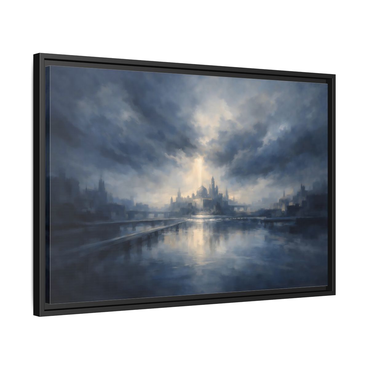 Side Mockup 14. Fairytale Fantasy City Blue Cityscape shown as stretched canvas wall art