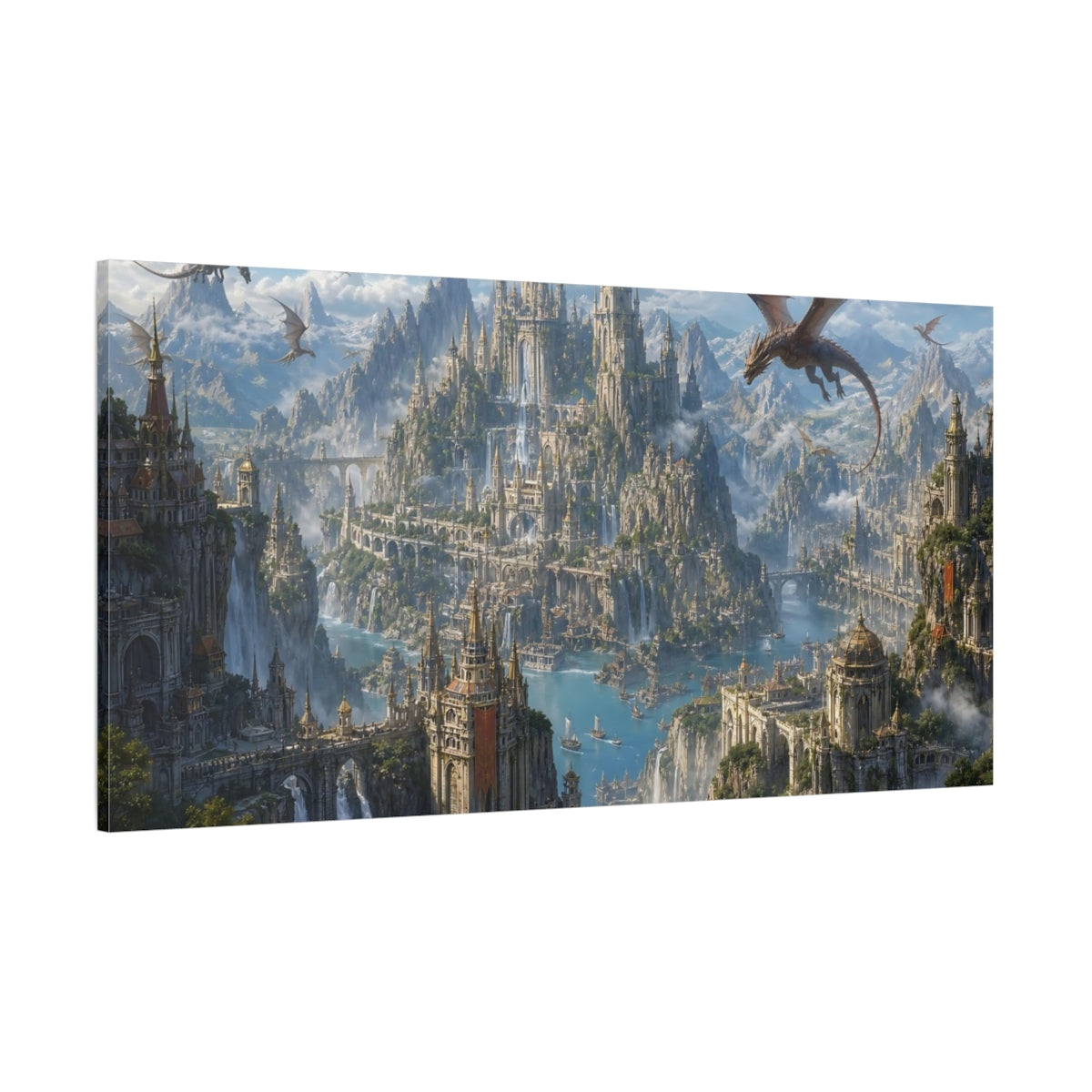 Side Mockup 2. Fairytale Fantasy City Fantasy Blue Gold shown as stretched canvas wall art