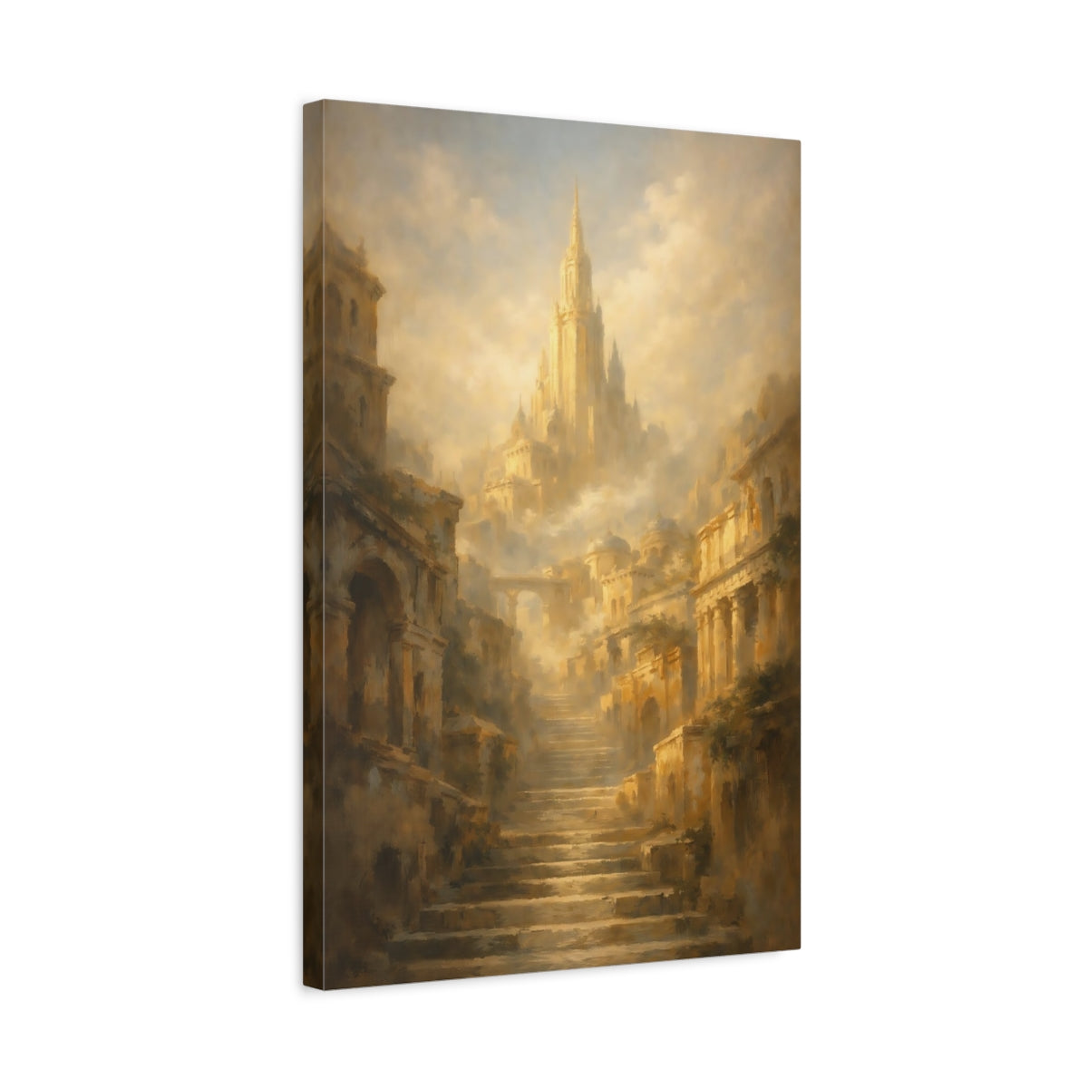 Side Mockup 3. Fairytale Fantasy City Golden Cityscape shown as stretched canvas wall art