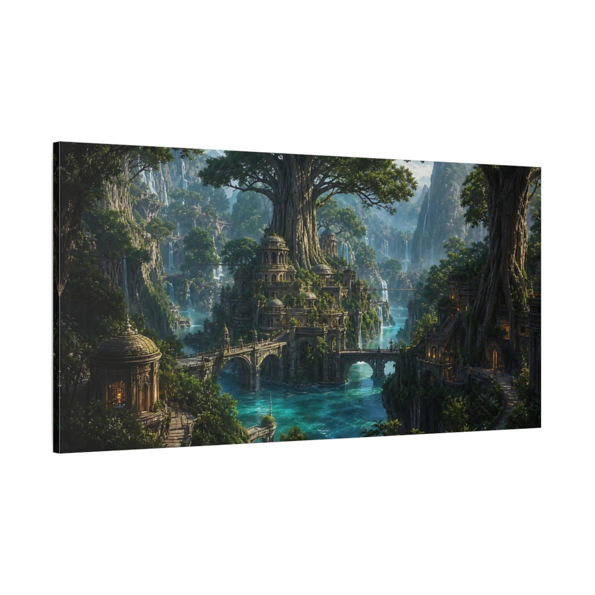 Side Mockup 2. Fairytale Fantasy City Green And Blue shown as stretched canvas wall art