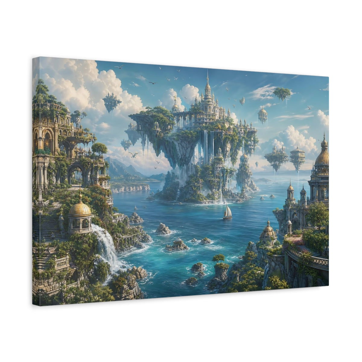 Side Mockup 3. Fairytale Floating City Blue And Green Fantasy shown as stretched canvas wall art