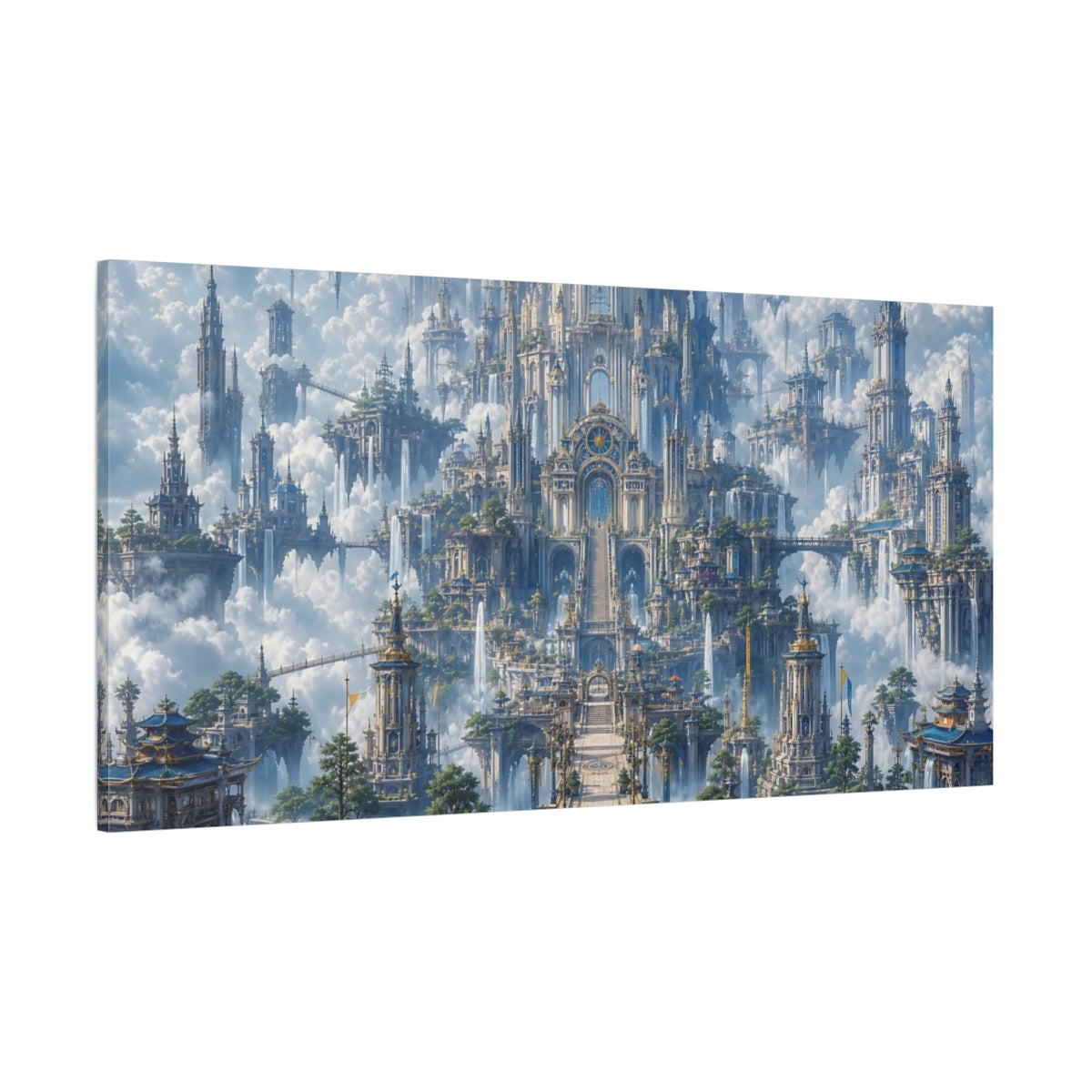 Side Mockup 2. Fairytale Floating City Blue Gold Sky City shown as stretched canvas wall art