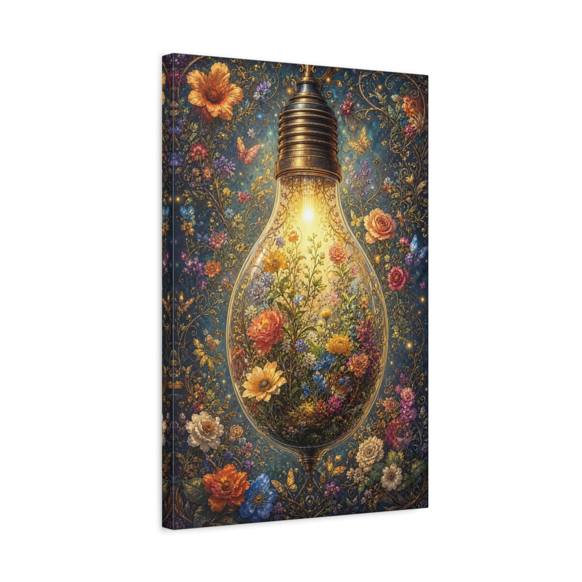 Side Mockup 3. Fairytale Floral Lightbulb Enchanted Floral shown as stretched canvas wall art