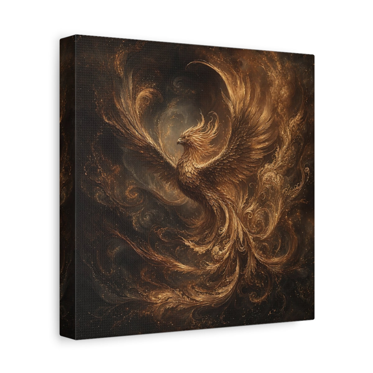 Side Mockup 9. Fairytale Golden Phoenix Gold And Black shown as stretched canvas wall art