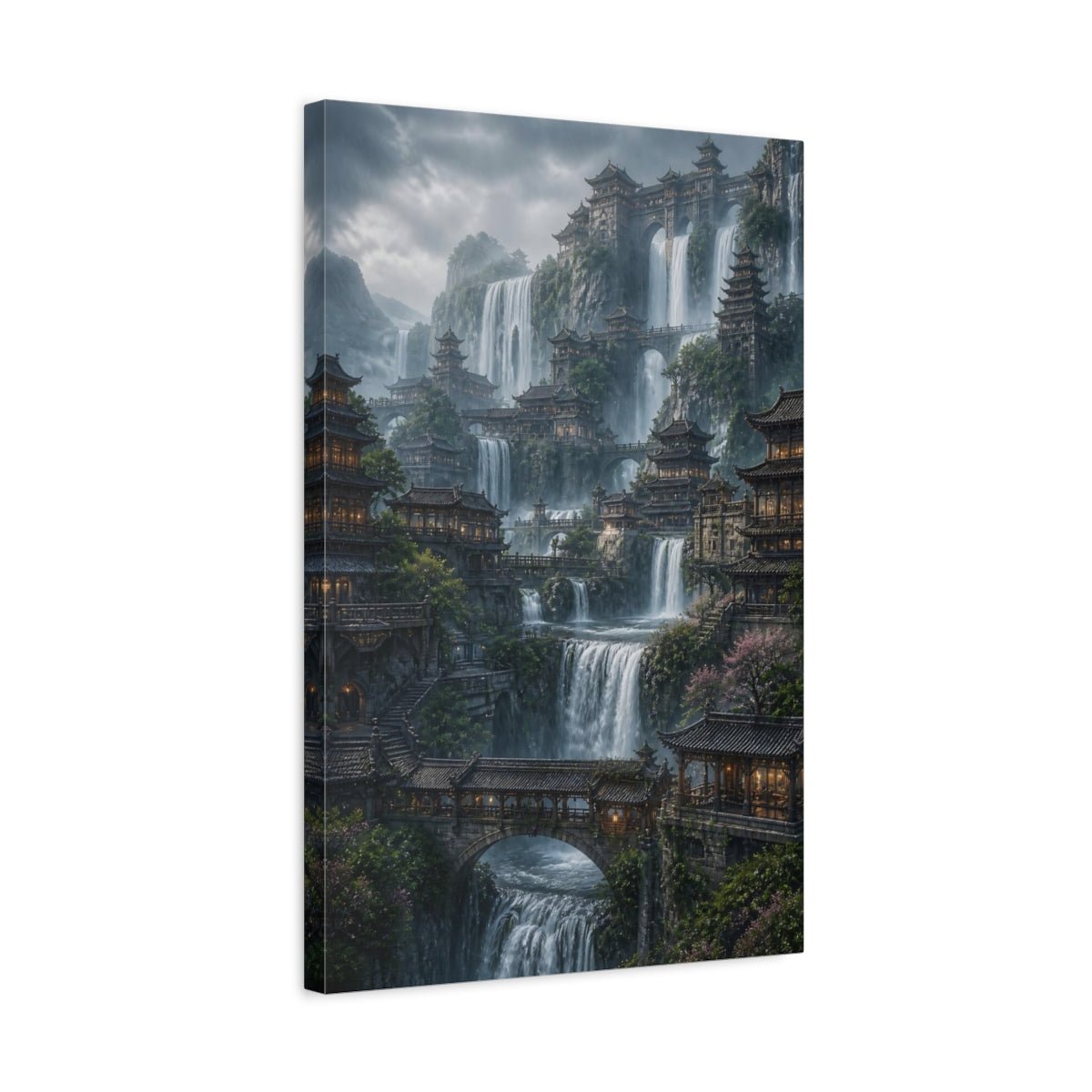 Fairytale Mountain City Grey And Green Canvas Print – Fantasy Living Room, Above Couch - YesArtYes