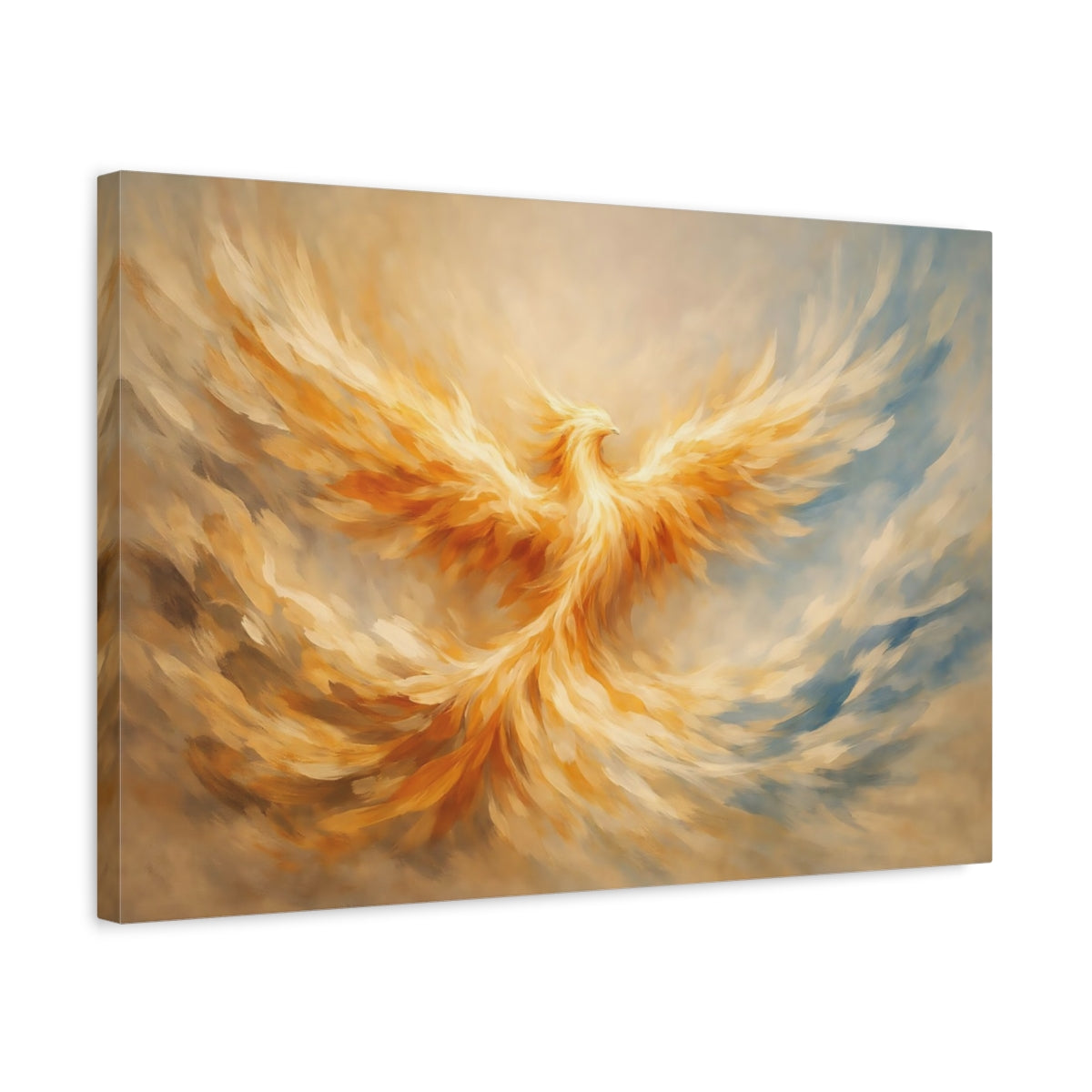 Side Mockup 3. Fairytale Phoenix Golden Phoenix shown as stretched canvas wall art