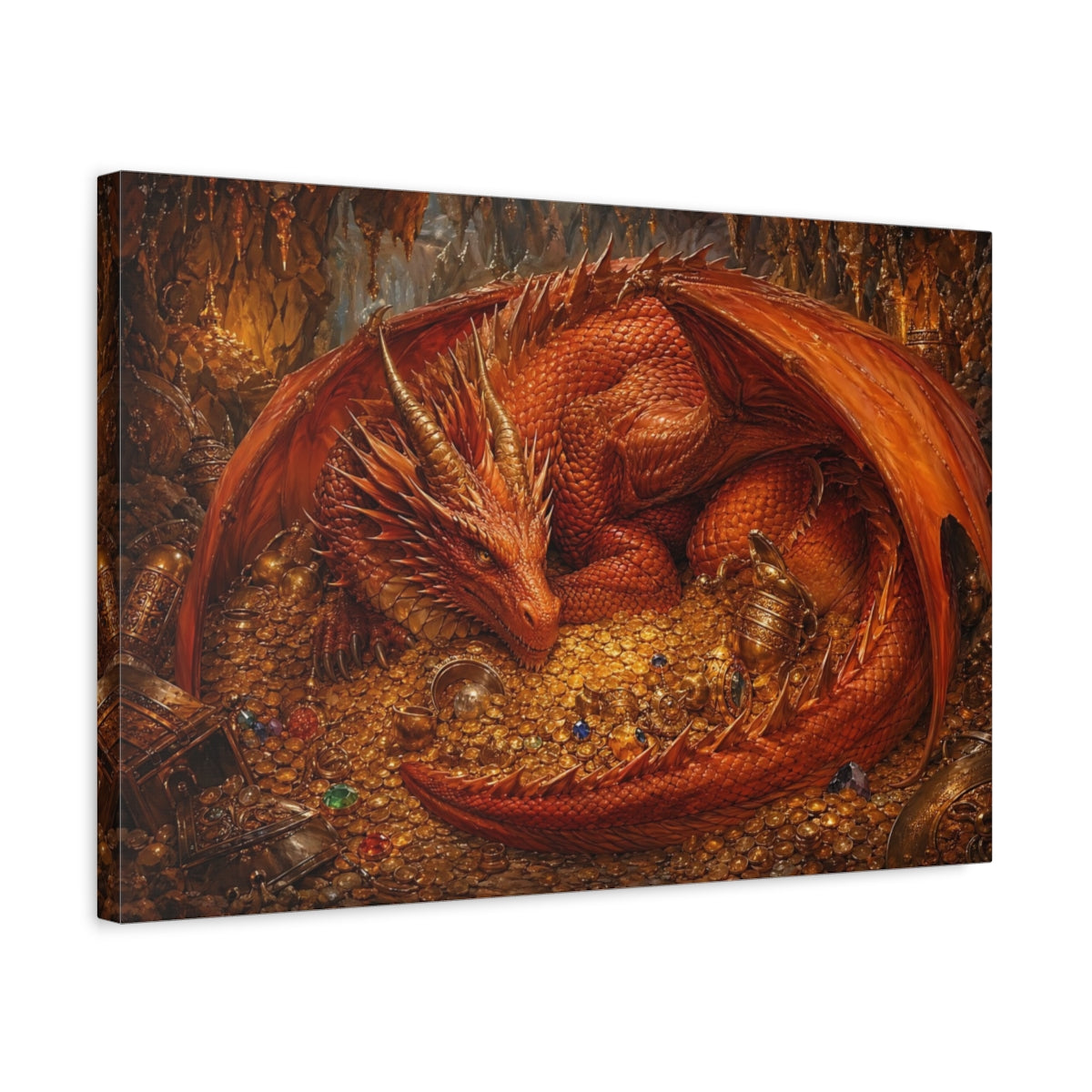 Side Mockup 3. Fairytale Red Dragon Red Dragon Gold shown as stretched canvas wall art