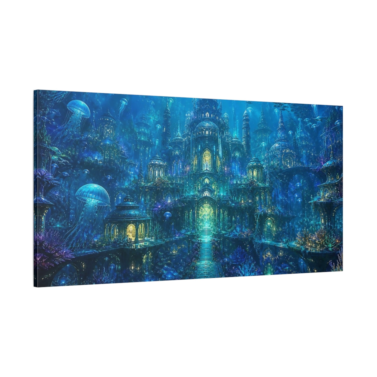 Side Mockup 2. Fairytale Underwater City Vibrant Blue shown as stretched canvas wall art