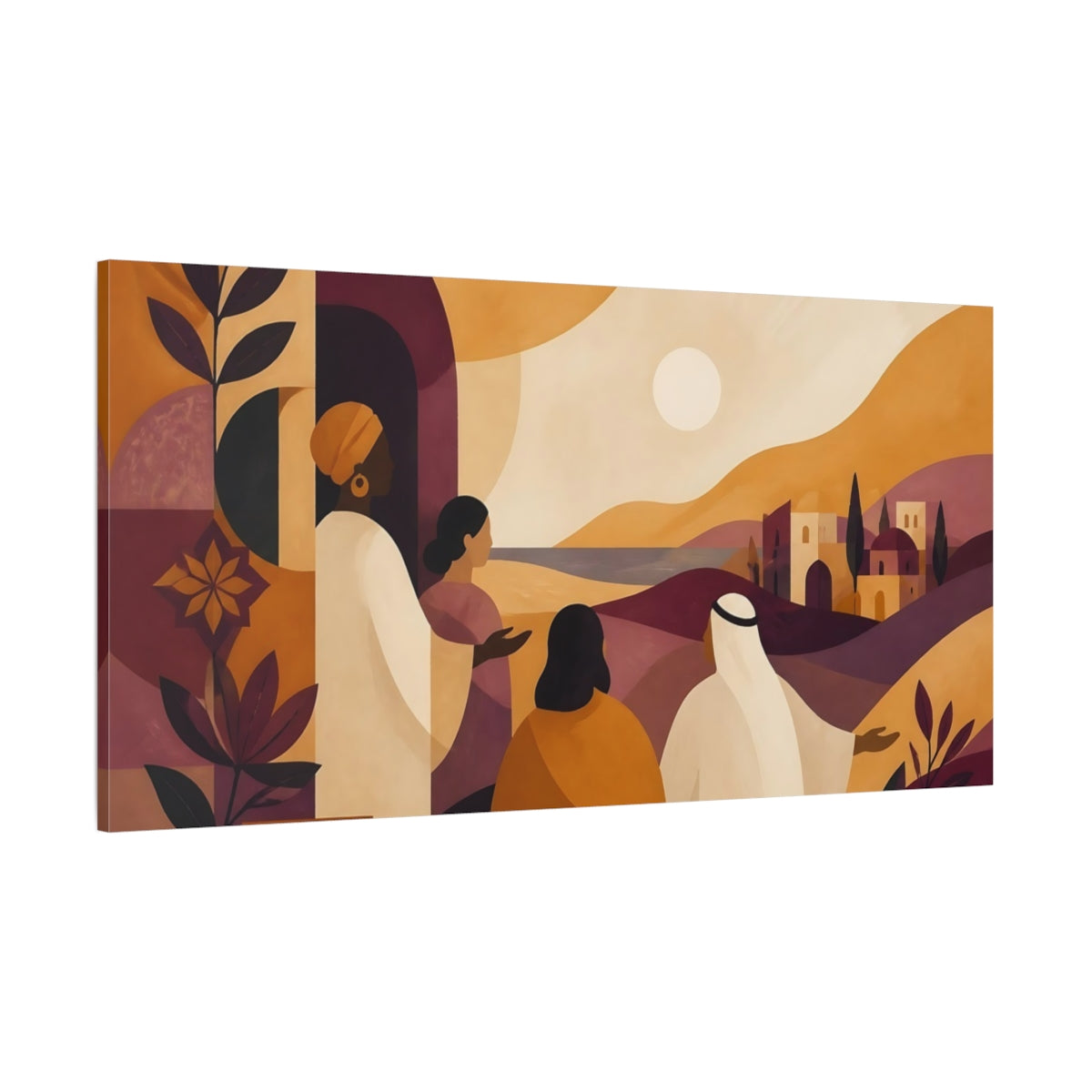 Side Mockup 2. Figures At Sunset Village shown as canvas print