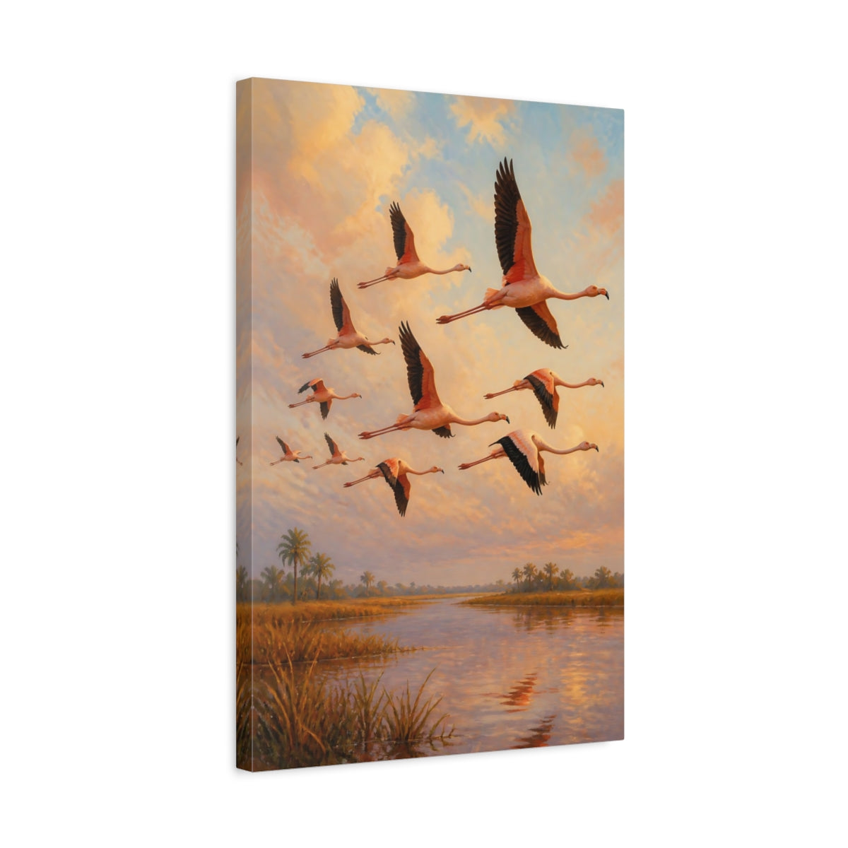 Side Mockup 3. Flamingo Animals At Sunset shown as canvas print