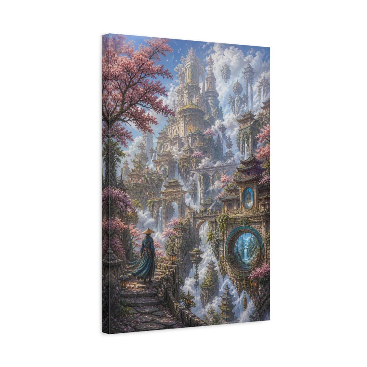 Side Mockup 3. Floating Sky City Oasis shown as canvas print