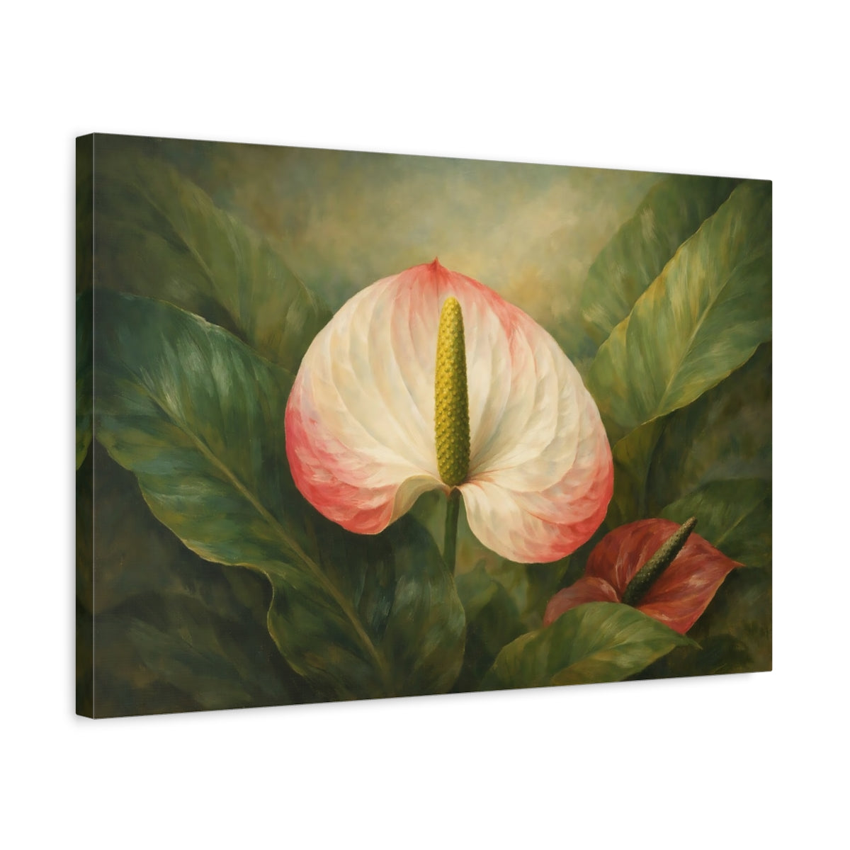 Side Mockup 3. Floral Anthurium Flower Pink Anthurium shown as stretched canvas wall art
