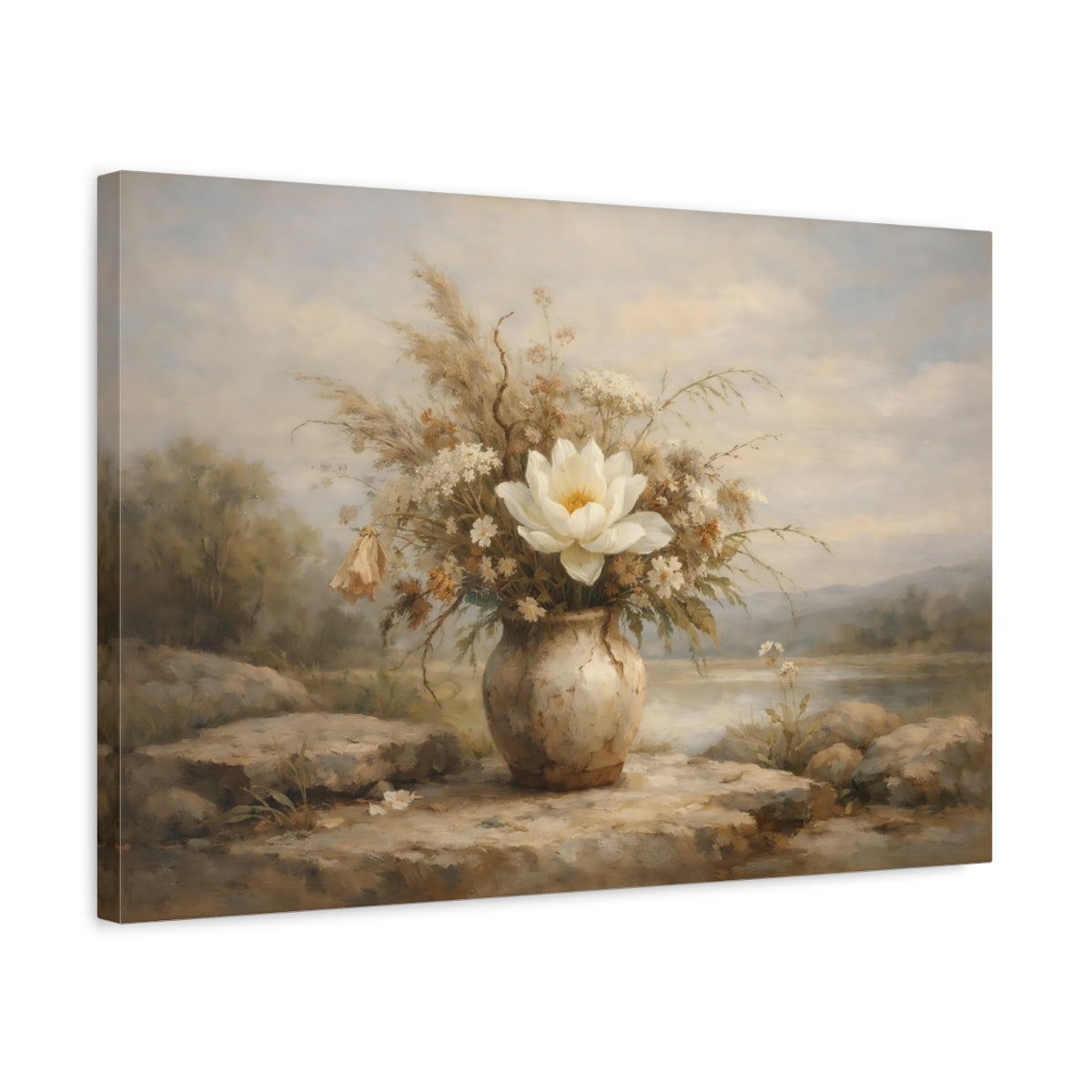Side Mockup 3. Floral Floral Arrangement Beige Floral shown as stretched canvas wall art