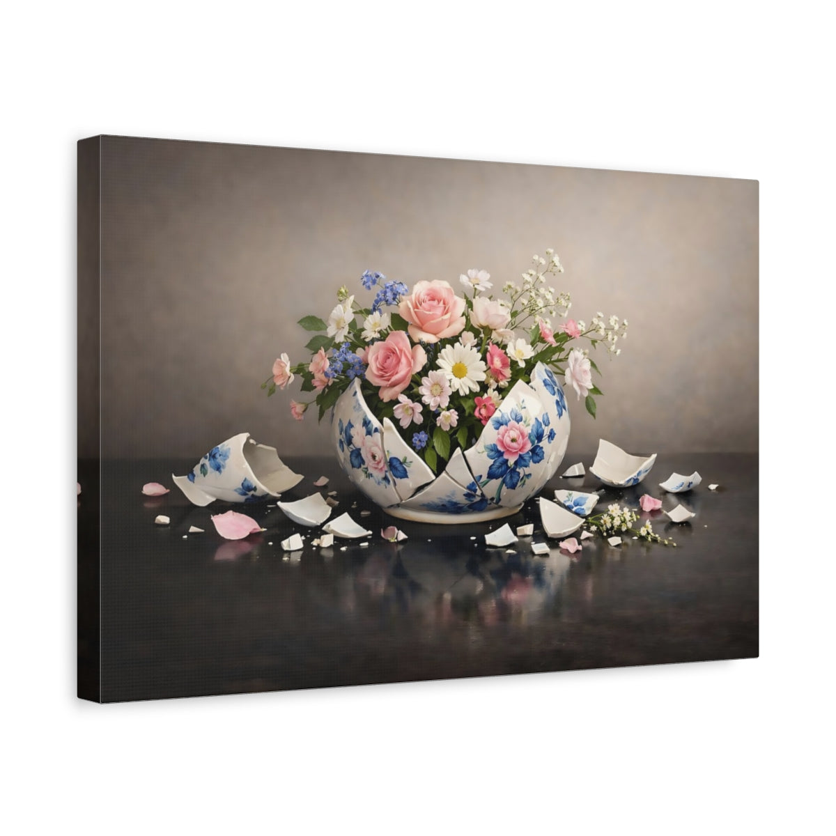 Side Mockup 4. Floral Floral Arrangement Broken Vase Floral shown as stretched canvas wall art
