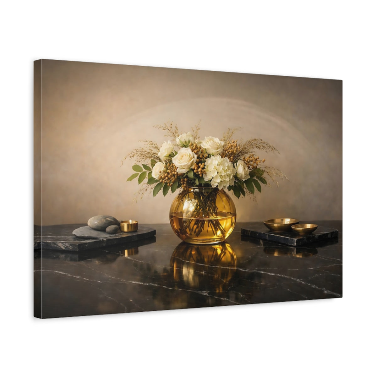 Side Mockup 3. Floral Floral Arrangement Cream And Gold shown as stretched canvas wall art