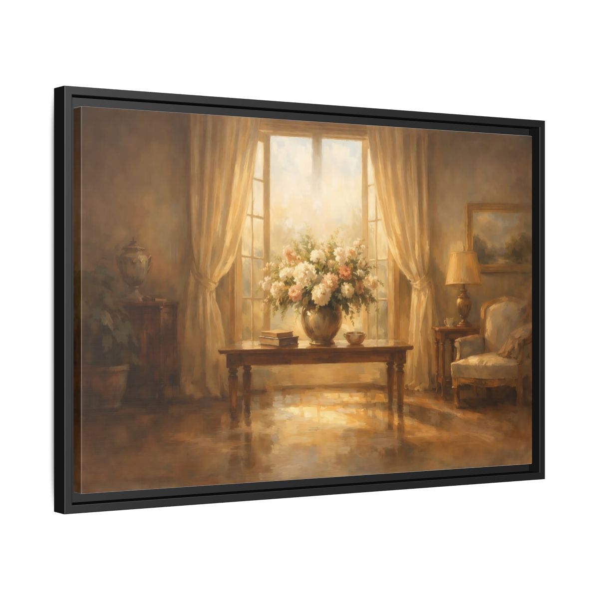Side Mockup 14. Floral Floral Arrangement Warm Brown Tones shown as stretched canvas wall art