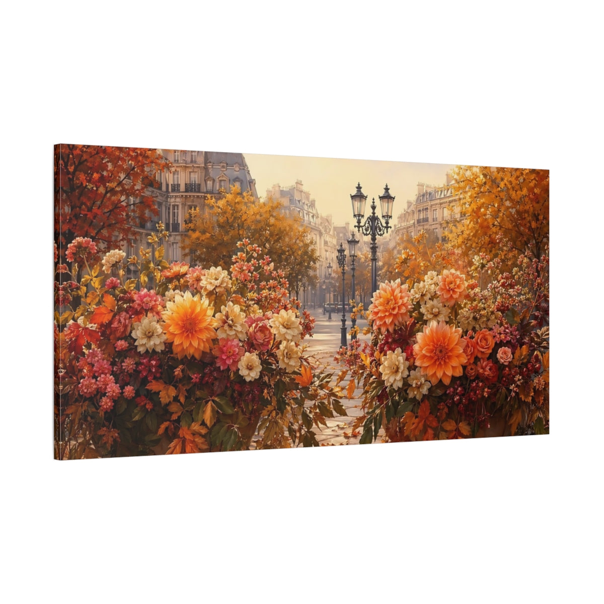 Side Mockup 2. Floral Floral Arrangements Autumn City Floral shown as stretched canvas wall art