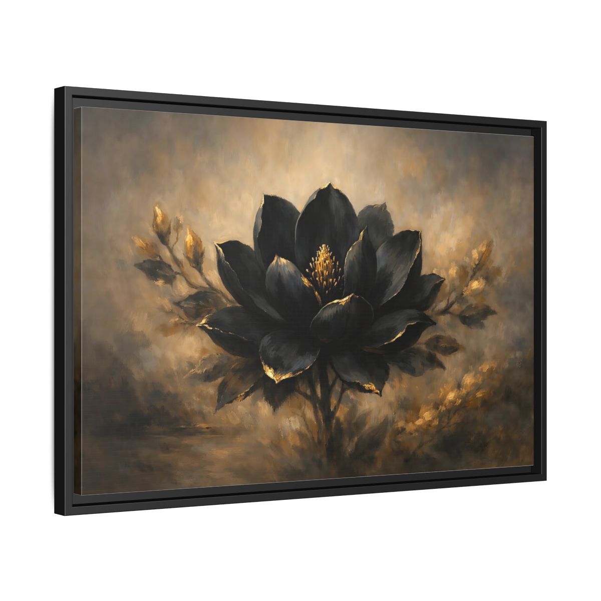 Side Mockup 14. Floral Black Flower Black And Gold shown as stretched canvas wall art