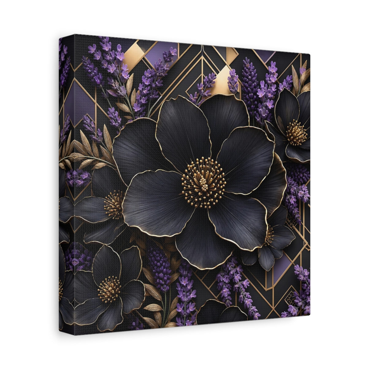 Side Mockup 9. Floral Black Flowers Black Gold Floral shown as stretched canvas wall art