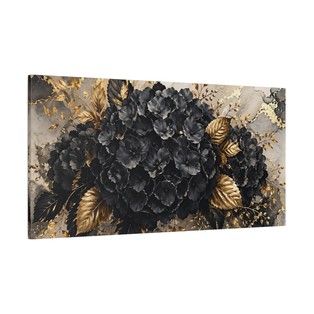 Side Mockup 2. Floral Black Hydrangeas Black Gold Floral shown as stretched canvas wall art