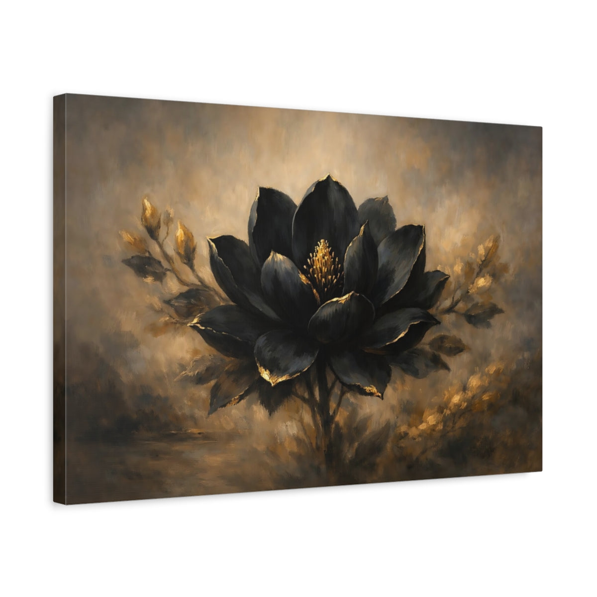 Side Mockup 3. Floral Black Lotus Black And Gold Flower shown as stretched canvas wall art